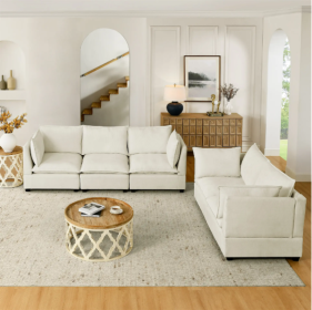 2-Piece Chenille Fabric Upholstered Living Room Furniture Set, Including 3-Seater Sofa And Loveseat Sofa With Seat And Back Cushion Beige White