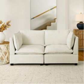 Modern Chenille Comfy Upholstered 2-Seat Sofa With 2 Lumbar Pillow, Deep Seat Sofa Sleeper For Living Room, Apartment, Office, Studio Beige White, 2-S