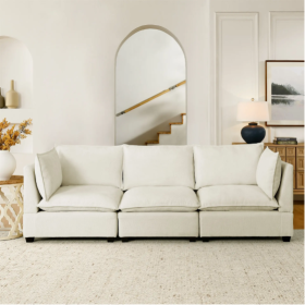 Modern Chenille Comfy Upholstered 3-Seat Sofa With 2 Lumbar Pillow, Deep Seat Sofa Sleeper For Living Room, Apartment, Office, Studio  Beige White, 3-