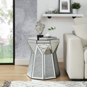 Drum Style Coffee Table With Mirror Crystal Inlay, Polygonal Silver Decorative Table, Modern Design Luxury Modern Furniture, 20 Inch  About 50 Centime