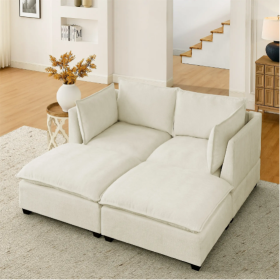 Comfy Cloud Couch Loveseat With 2 Ottoman, Modern Chenille Love Seat Upholstered Modular Couch Sleeper For Living Room, Apartment, Studio, Office Beig