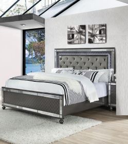 Modern Glam Style Upholstered Headboard Button Tufting Glass Inlay 1pc King Size Panel LED Lights Bed Gray Faux Leather Finish Solid Wood Wooden