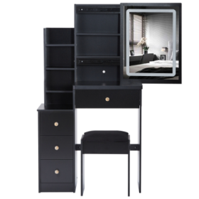 29.2 Small Size Left Bedside Cabinet Vanity Table   Cushioned Stool, Large Sliding  Touch Control  Tri-color Switching, Brightness Adjust LED Mirror,