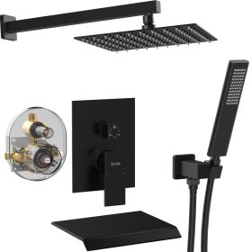Male NPT Shower Faucet Set, Waterfall Shower System For Bathroom, High Pressure 10Rain Shower Head And Handheld Shower Spray Wall Mount Tub Fauce (Color: Black)