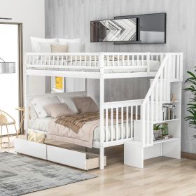 Full Over Full Bunk Bed With Two Drawers And Storage, White (Color: White)