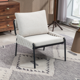 Modern Accent Lounge Chair With Braided Upholstery And Metal Frame, Comfortable Armchair For Living Room Or Bedroom, Soft Cushioned Seat And Back (Color: Beige)