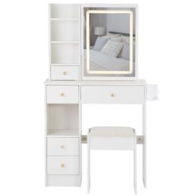 29.2 Small Size Left Drawer Desktop Vanity Table  Cushioned Stool, 2 AC2 USB Power Station, Hair Dryer Bracket, Extra Large Touch Control Sliding (Color: White)