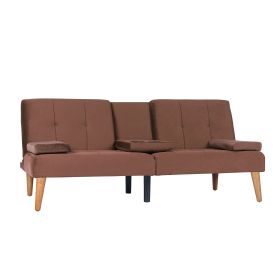 Modern Velvet Upholstered Futon Sofa Bed With 2 Cup Holders For Living Room (Color: Brown)