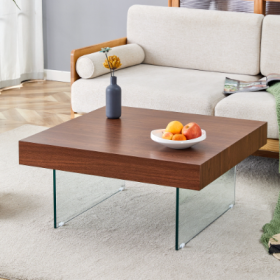 Natural Style Square MDF Coffee Table - 31.5x31.5 With Tempered Glass Legs.Density Board Sticker,Reinforced Glass (Option: Walnut)
