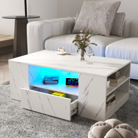 Modern Coffee Tables For Living Room, LED Coffee Table, Storage Coffee Table, Small Coffee Table, Wood Center Table With 2 Drawers And Open Side (Color: White)