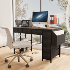 47 Computer Desk With Power Outlet,Writing Desk With 7 Fabric Drawers,Vanity Table Drawers And Large Side Pocket,Rustic Brown (Option: Rustic Brown)