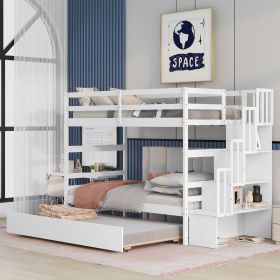 Twin Bunk Beds With Trundle & Stairway Storage In White (Color: White)