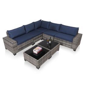 7-Piece Outdoor Patio Furniture Sets, All-Weather Wicker Rattan Sectional Sofa, Modern Two Glass Coffee Table And Washable Seat Cushion (Option: Grey Blue)