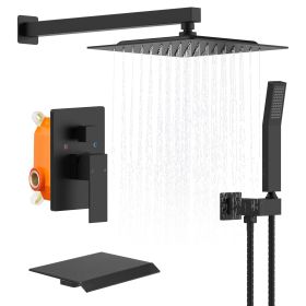 Rain Shower System Brushed Nickel Tub Shower Faucet Set 10 Inch Square Rainfall Shower Head With Handheld Sprayer And Waterfall Tub Spout Pressur (Color: Black)