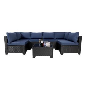 7 Pieces Outdoor Rattan Patio Sectional Set, Black Wicker Furniture Conversation Sets With Washable Cushions & Glass Coffee Table For Garden, Poo (Option: Black Blue)