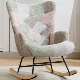 Modern Patchwork Accent Chair With Solid Wood Armrest And Feet, Mid-Century Modern Accent Sofa, Fabric Sofa Chair For Living Room Bedroom Studio, (Option: Macaroon)