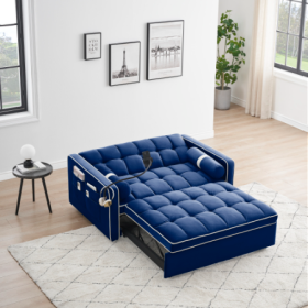 Leeper Sofa Couch W Pull Out Bed, 55 Modern Velvet Convertible Sleeper Sofa Bed, Small Love Seat Sofa Bed W Pillows  Side Pockets For Small Space (Color: Blue)