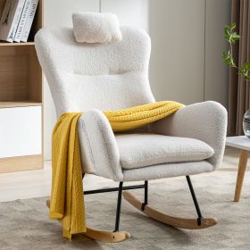 35.5 Inch Rocking Chair With Pocket, Soft Teddy Fabric Rocking Chair For Nursery, Comfy Wingback Glider Rocker With Safe Solid Wood Base For Livi (Color: White)