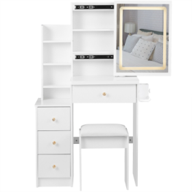 29.2 Small Size Left Bedside Cabinet Vanity Table   Cushioned Stool, 2 AC  2 USB Power Station, Hair Dryer Bracket  Extra Large Touch Control Sli (Color: White)
