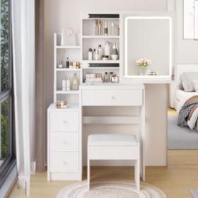 29.2 Small Size Left Bedside Cabinet Vanity Table   Cushioned Stool, Large Sliding, Touch Control, Tri Color Switching, Brightness Adjust LED Mir (Color: White)
