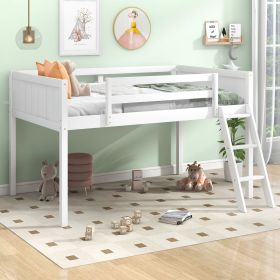 Twin Size Wood Low Loft Bed With Ladder, Ladder Can Be Placed On The Left Or Right, White (Color: White)