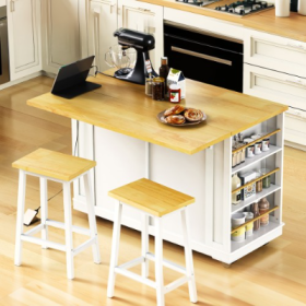 Large Kitchen Island With 2 Bar Stools, Power Outlet, Door Internal Storage Rack, Kitchen Storage Cart On 5 Wheels With Drop Leaf, 5 Open Side Racks, (Option: White-Kitchen Island Set)