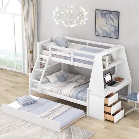 Twin Full Bunk Bed W  Trundle, Desk, 3 Drawers   Shelf - White (Color: White)