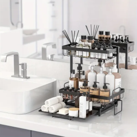 Organizer 2 Tier Slide Out Under Sink Shelf Cabinet Storage Shelf Under Sink Storage For Kitchen Bathroom Metal L-Shape (Option: 1pcs)