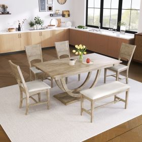 TOPMAX 6-Piece Wood Half Round Dining Table Set With Long Bench & 4 Chairs (Option: Natural Wood)