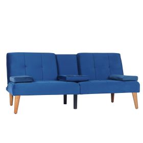 Modern Velvet Upholstered Futon Sofa Bed With 2 Cup Holders For Living Room (Color: Blue)