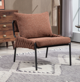 Modern Accent Lounge Chair With Braided Upholstery And Metal Frame, Comfortable Armchair For Living Room Or Bedroom, Soft Cushioned Seat And Backrest, (Option: RedBrown)