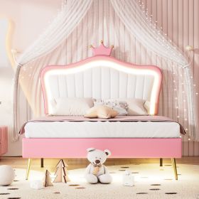 Full Size Upholstered Bed Frame With LED Lights & Crown Headboard (Option: WhitePink)