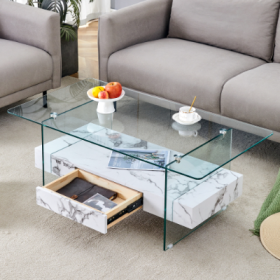 43.3 Inch Modern Two-Tier Coffee Table - Clear Tempered Glass And Black Marble Texture, Multifunctional Storage Design.The Bottom Tier Includes A Draw (Color: White)