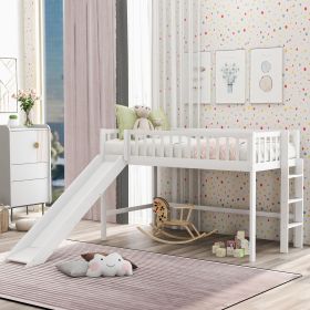 Twin Size Low Loft Bed With Ladder And Slide,White (Color: White)