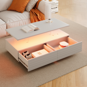 Modern White Rectangular LED Lights Coffee Table With 2 Drawers In 47.2 (Color: White)