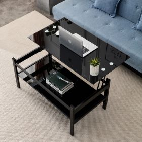 Glass Lift Top Coffee Table, 2-Layer Tempered Glass, Modern Simple, Black (Color: Black)