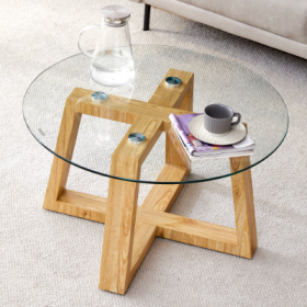 Modern Practical Circular Coffee Tables. Made Of Transparent Tempered Glass Tabletop And Wood Colored MDF Material. Suitable For Living Rooms And (Option: Wood)