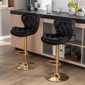 Set Of 2 Bar Stools Chrome Base, Swivel, Adjustable Height, Velvet (Color: Black)