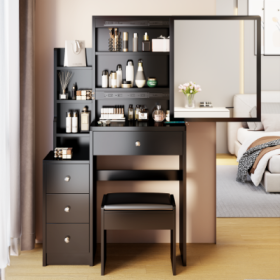 29.2 Small Space Left Bedside Cabinet Vanity Table  Cushioned Stool, Extra Large Right Sliding Mirror, Multi Layer High Capacity Storage, Practic (Color: Black)