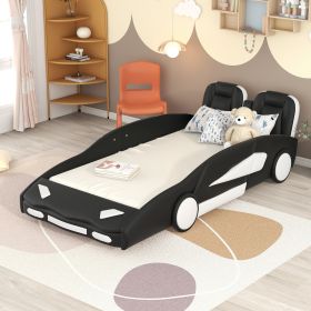 Twin Size Race Car-Shaped Platform Bed With Wheels, Black (Color: Black)