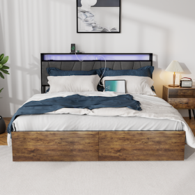 Full Bed Frame With Storage, Ergonomic Headboard, Bed Frame With 2 Storage Drawers, Built In Charging Station & LED, Outlets & USB, Full Size, Noise F (Option: QUEEN)