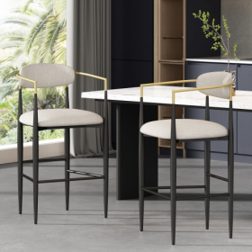 Barstools Set Of 2, Counter Height Upholstered Bar Stools With Back For Kitchen Island, Beige Faux PU Leather Seating Black Iron Legs 260LBS Weig (Color: Beige)
