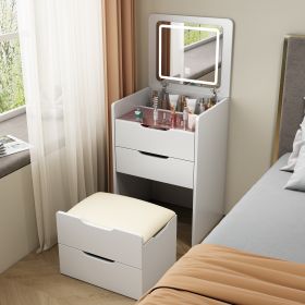 3 In 1 Vanity Desk With Plip Top Mirror,Small Make Up Vanity Set With Visible Glass Desktop,Compact (Color: White)