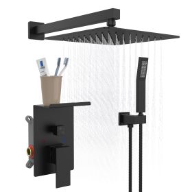 Rainfall Shower System With Storage Rack 10 Inch Shower Faucet Set Matte Black With High Pressure With Square Shower Head Luxury Shower Set Wall (Color: Black)