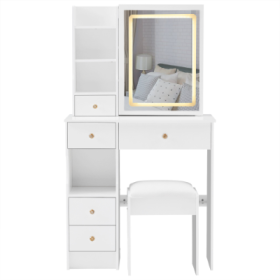 29.2 Small Size Left Drawer Desktop Vanity Table  Cushioned Stool, Large Sliding, Touch Control, Tri-color Switching, Brightness Adjust LED Mirro (Color: White)