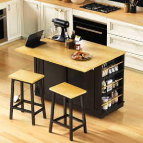 Large Kitchen Island With 2 Bar Stools, Power Outlet, Door Internal Storage Rack, Kitchen Storage Cart On 5 Wheels With Drop Leaf, 5 Open Side Racks, (Option: Black-Kitchen Island Set)