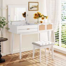 43.3 Wood Makeup Vanity Set With Flip-Top Mirror, Stool   3 Drawers (Color: White)