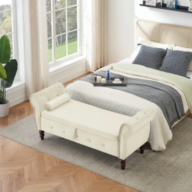 63.38Velvet Multifunctional Storage Rectangular Ottoman Bench Comes With Crystal Buckle Solid Wood Legs With 1 Pillow (Color: Beige)