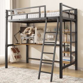 Twin Size Loft Bed With Desk And Stairs, Black Twin Loft Bed With Storage Shelves For Kids Juniors Teens Adullts, Heavy Duty Metal Bunk Bed With (Option: CP)
