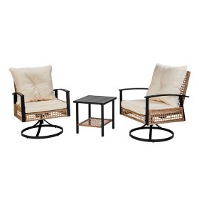 2pcs Swivel Chair And 1pc Side Table, Sparsely Braided Light Yellow Rattan, Off-white Mat, Braided Rattan Three-piece Set (Option: Knitted rattan threepiece set)